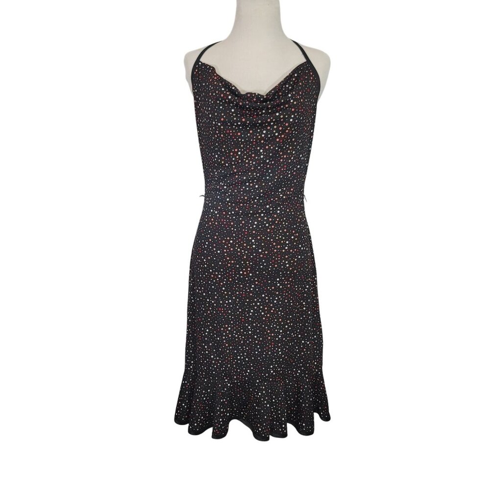 Vintage 90s Y2K Black Polka Dot Halter Mini Midi Dress By La Belle Size Medium
